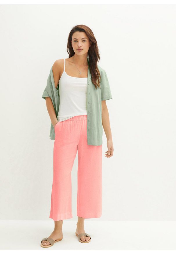 bonprix - Spodnie culotte z lnem, o regulowanej długości. Kolor: różowy. Materiał: len