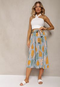 Renee - Jasnoniebieskie Spodnie Szwedy z Bawełną High Waist Wykończone Gumką w Talii Pasefia. Okazja: do pracy, na co dzień. Stan: podwyższony. Kolor: niebieski. Materiał: bawełna. Styl: casual, elegancki