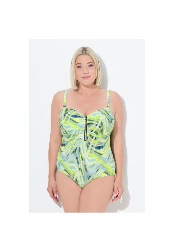ULLA POPKEN - Damski Strój kąpielowy wzór w fale miękkie miseczki zamek błyskawiczny. Kolekcja: plus size. Kolor: zielony, wielokolorowy, żółty. Materiał: poliester, elastan, poliamid, materiał