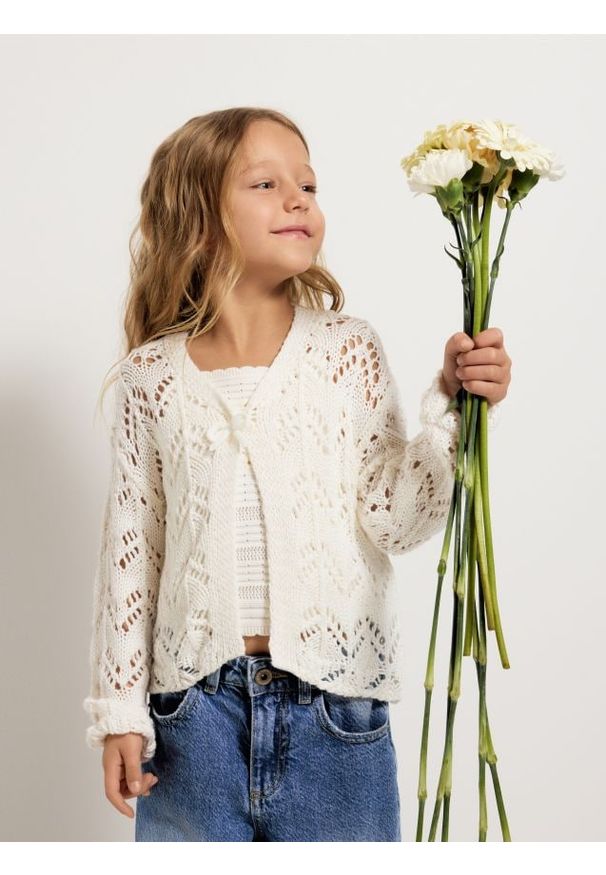 Reserved - Dzianinowy kardigan - złamana biel. Materiał: dzianina