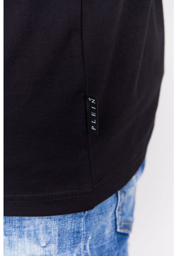 Philipp Plein - PHILIPP PLEIN Czarny t-shirt męski Round neck ss iconic plein, Rozmiar M. Kolor: czarny. Materiał: prążkowany, skóra. Wzór: aplikacja