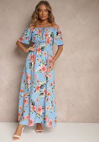 Renee - Niebieska Sukienka Hiszpanka w Kwiaty z Gumką w Pasie Deviela. Typ kołnierza: dekolt hiszpanka. Kolor: niebieski. Materiał: tkanina. Wzór: kwiaty. Sezon: lato #5