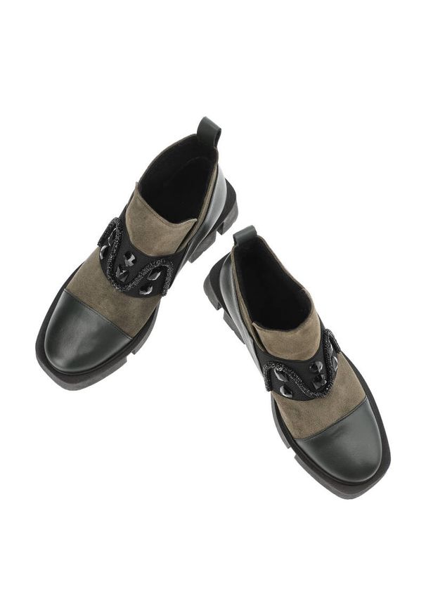 Zielone Eleganckie Botki Damskie Armodo. Kolor: zielony. Materiał: jeans, materiał, skóra. Sezon: jesień. Styl: elegancki