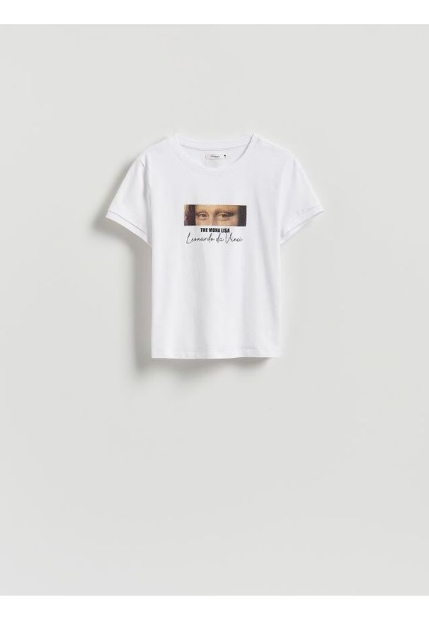 Reserved - T-shirt z nadrukiem - biały. Kolor: biały. Materiał: dzianina, bawełna. Wzór: nadruk