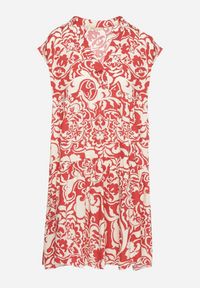 Born2be - Czerwona Bawełniana Sukienka o Kroju Oversize w Ornamentny Wzór Izelona. Okazja: na co dzień. Kolor: czerwony. Materiał: bawełna. Typ sukienki: oversize. Styl: klasyczny, casual