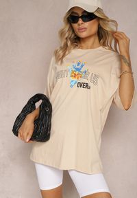 Renee - Beżowy Bawełniany T-shirt z Nadrukami z Przodu i z Tyłu Dianara. Okazja: na co dzień. Kolor: beżowy. Materiał: bawełna. Wzór: nadruk. Styl: casual #4