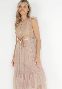 Born2be - Beżowa Koktajlowa Sukienka z Koronkową Górą i Tiulowym Dołem Sleda. Kolor: beżowy. Materiał: tiul, koronka. Styl: wizytowy #5