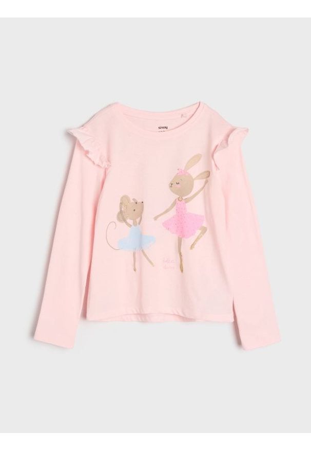 Sinsay - Bawełniana koszulka z nadrukiem i ozdobnymi falbanami - kremowy. Kolor: kremowy. Materiał: bawełna. Wzór: nadruk