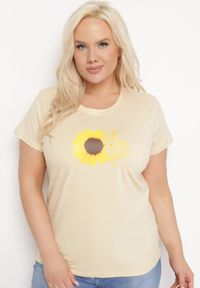 Born2be - Beżowy Bawełniany T-shirt z Nadrukiem na Przodzie Galamella. Kolor: beżowy. Materiał: bawełna. Wzór: nadruk