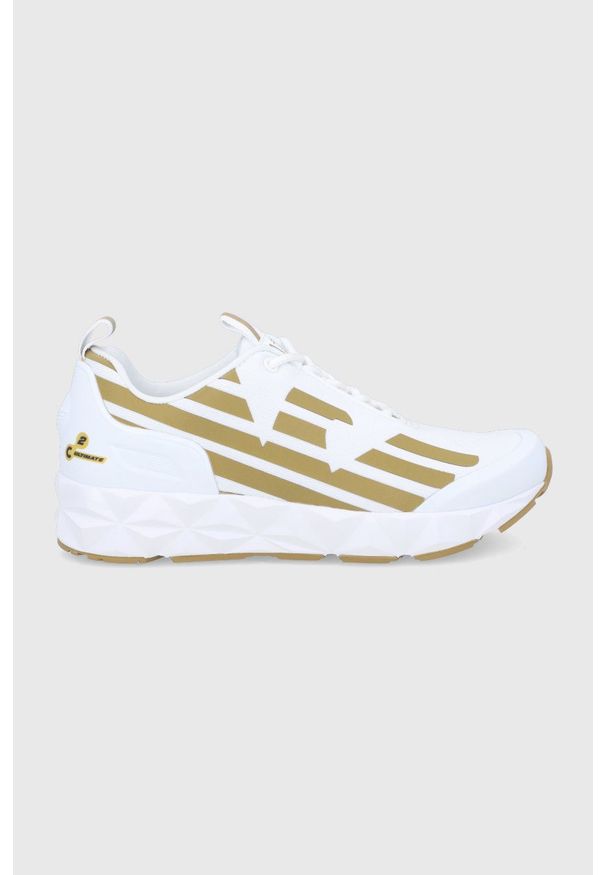 EA7 Emporio Armani Buty kolor biały na płaskiej podeszwie. Nosek buta: okrągły. Zapięcie: sznurówki. Kolor: biały. Materiał: guma. Obcas: na płaskiej podeszwie