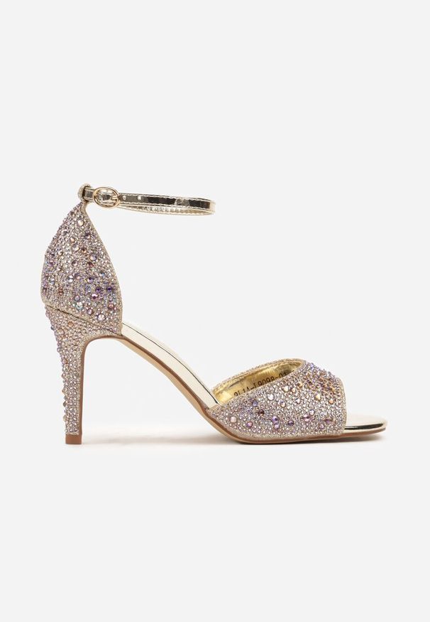 Renee - Złote Sandały na Szpilce Ozdobione Cyrkoniami Nialuna. Okazja: na imprezę. Zapięcie: sprzączka. Kolor: złoty. Materiał: jeans. Wzór: aplikacja. Sezon: wiosna, lato. Obcas: na szpilce. Styl: wizytowy