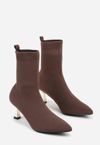 Born2be - Brązowe Botki Vices na Metalicznej Szpilce Kaczuszce ze Skarpetową Cholewką Vamige. Okazja: na co dzień. Kolor: brązowy. Materiał: jeans. Szerokość cholewki: normalna. Obcas: na szpilce. Styl: casual, klasyczny #3