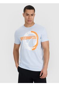 4f - 4F T-shirt regular z nadrukiem męski - niebieski M. Okazja: na co dzień. Kolor: niebieski. Materiał: bawełna, jersey, materiał. Długość rękawa: krótki rękaw. Długość: krótkie. Wzór: nadruk. Styl: sportowy, casual, klasyczny