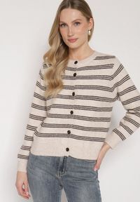 Born2be - Beżowy Kardigan w Paski z Domieszką Wełny z Dodatkową Narzutką Fedina. Kolor: beżowy. Materiał: wełna. Długość rękawa: długi rękaw. Długość: długie. Wzór: paski. Styl: klasyczny, elegancki #7