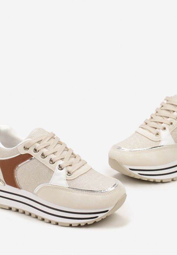 Renee - Beżowe Sneakersy z Brokatową Dzianinową Wstawką Atobia. Kolor: beżowy. Materiał: dzianina. Obcas: na platformie