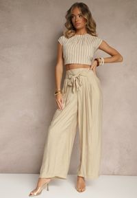 Renee - Beżowe Wiskozowe Spodnie High Waist o Szerokim Kroju Aranisa. Okazja: na co dzień. Stan: podwyższony. Kolor: beżowy. Materiał: wiskoza. Wzór: aplikacja. Styl: elegancki, casual