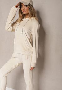 Renee - Jasnobeżowy Komplet Dresowy z Weluru Spodnie z Gumką w Pasie i Bluza z Kapturem Lelaria. Kolor: beżowy. Materiał: dresówka, welur. Sport: turystyka piesza