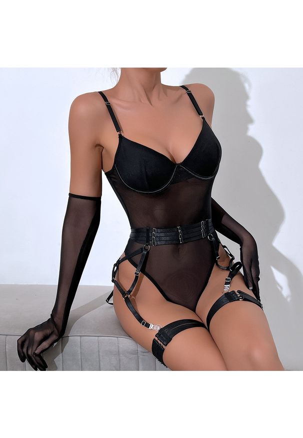 Intica - Body z pasem do pończoch i rękawiczkami na romantyczne wieczory Orelia. Kolor: czarny. Materiał: materiał