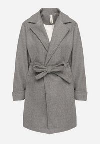 Born2be - Ciemnoszary Płaszcz o Szlafrokowym Kroju z Marszczeniem w Talii i Wiązanym Paskiem Sartissa. Okazja: na co dzień. Kolor: szary. Materiał: jeans. Długość rękawa: długi rękaw. Długość: długie. Styl: casual, elegancki, klasyczny #7