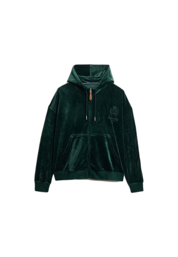 Kurtka dresowa z kapturem, rozpinana, welurowa dla kobiet Superdry Country Club. Typ kołnierza: kaptur. Kolor: zielony. Materiał: welur, dresówka
