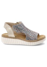 Sandały damskie Rieker, cholewka z materiału tekstylnego wsuwany fason na platformie, kolorowe, 69284-90. Materiał: materiał. Wzór: kolorowy. Obcas: na platformie #4