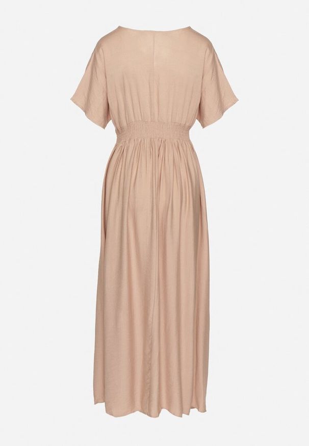 Born2be - Beżowa Wiskozowa Sukienka z Metaliczną Nicią i Haftem Nelvesia. Okazja: na co dzień. Kolor: beżowy. Materiał: wiskoza. Wzór: haft. Sezon: wiosna. Styl: elegancki, klasyczny, casual