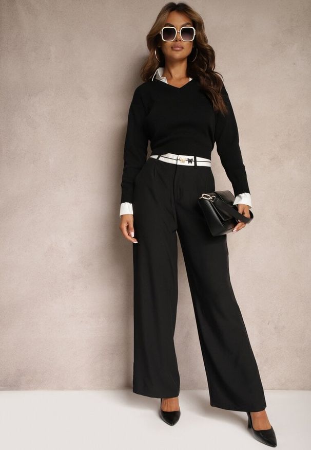 Renee - Czarne Spodnie o Szerokim Kroju High Waist Wykończone Lamówką Verillia. Okazja: na co dzień, na spacer. Stan: podwyższony. Kolor: czarny. Styl: elegancki, casual
