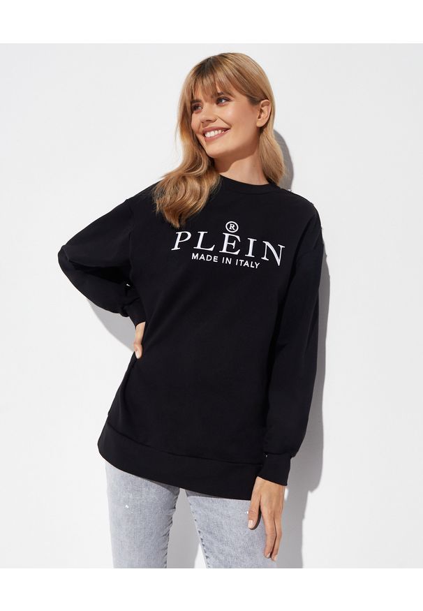 Philipp Plein - PHILIPP PLEIN - Czarna bluza z logo Iconic. Kolor: czarny. Materiał: bawełna. Wzór: haft