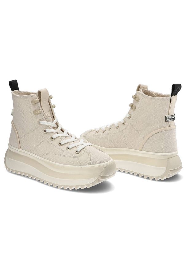 Sneakersy damskie Tamaris, tekstylna cholewka o wysokim kroju klasyczne sznurowanie z metalowymi oczkami masywna platforma, ivory, 1-25201-28-418. Okazja: na co dzień. Wysokość cholewki: przed kolano. Zapięcie: sznurówki. Kolor: beżowy. Materiał: materiał. Szerokość cholewki: normalna. Obcas: na platformie