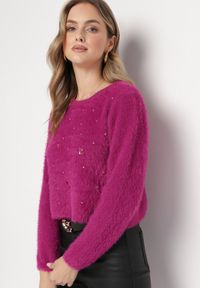 Born2be - Fioletowy Sweter z Dłuższym Włosiem i Kryształkami Hennilla. Kolekcja: plus size. Kolor: fioletowy. Materiał: dzianina. Długość rękawa: długi rękaw. Długość: długie #4
