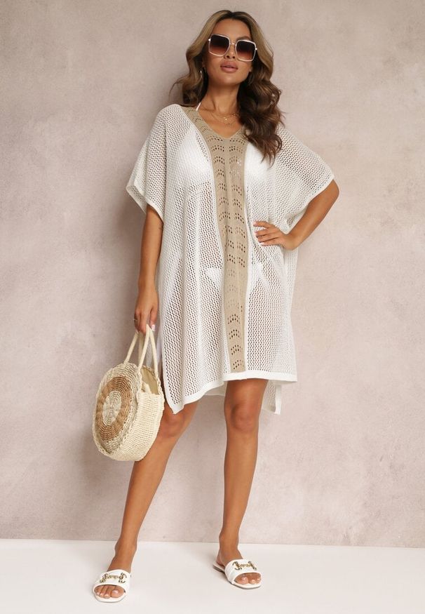 Renee - Biało-Beżowa Narzutka w Stylu Boho z Ażurowej Tkaniny Zulina. Kolor: biały. Materiał: tkanina. Wzór: ażurowy. Sezon: lato. Styl: boho