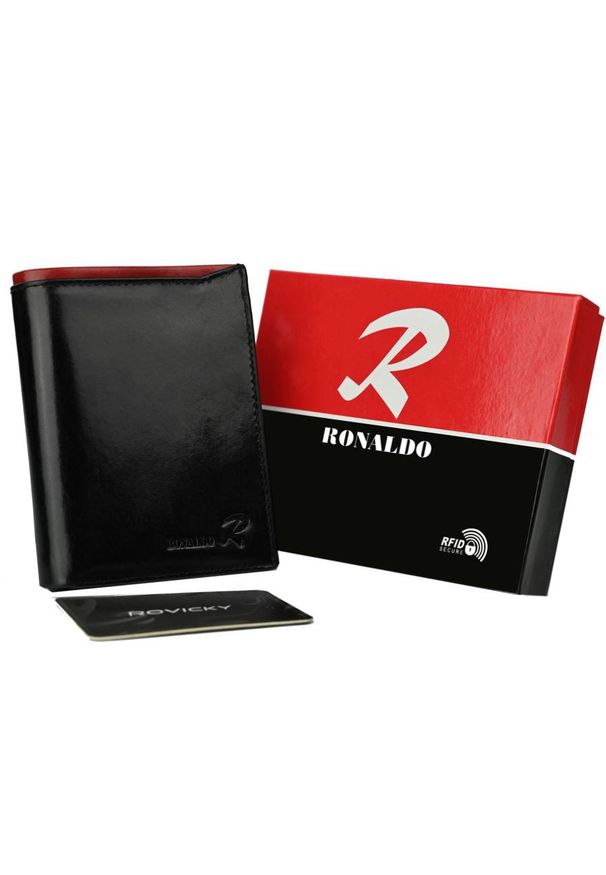 Portfel czarny z czerwonym elementem Ronaldo N4-VT BLACK-RED. Kolor: czerwony, czarny, wielokolorowy. Materiał: skóra