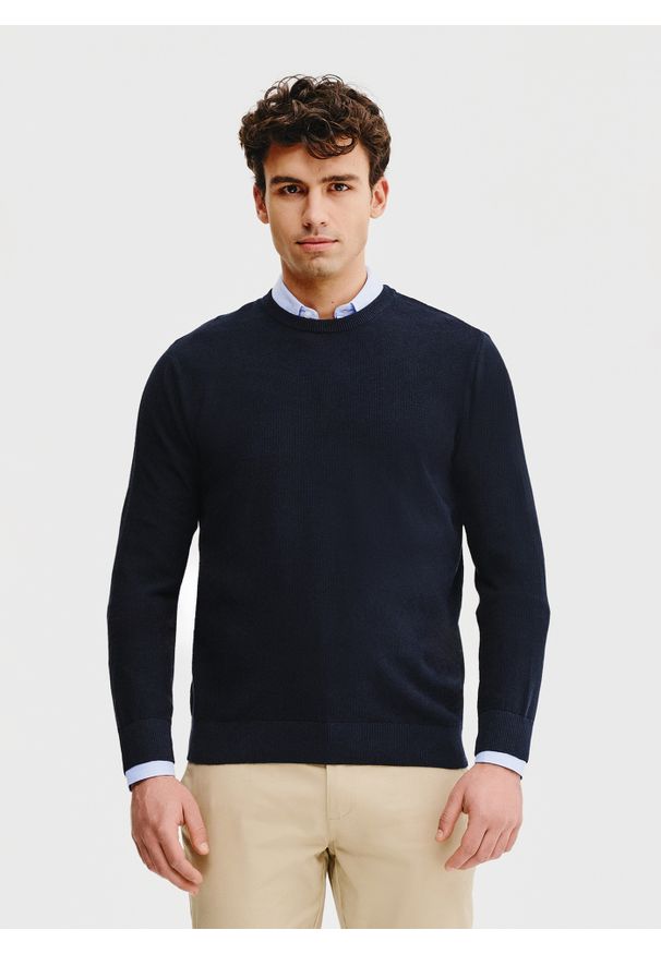 Pako Lorente - PAKO LORENTE – Granatowy sweter męski. Kolor: oliwkowy, niebieski. Materiał: bawełna. Wzór: gładki. Sezon: wiosna