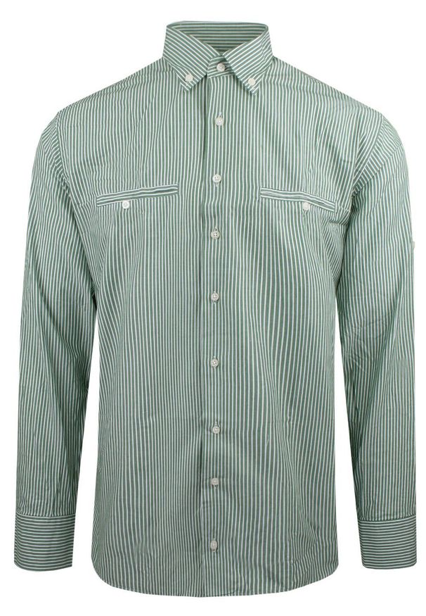 Ravanelli - Modna Koszula z Kołnierzykiem na Guziki - Zielona w Prążek. Typ kołnierza: button down. Kolor: zielony. Materiał: bawełna. Wzór: prążki