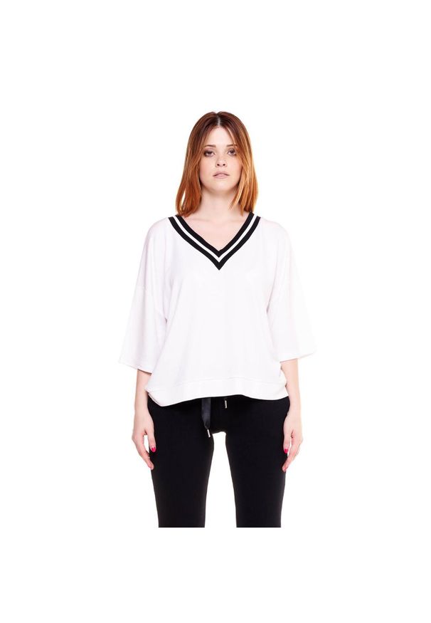 LEONE 1947 APPAREL - Czarno-biała bluza damska z dekoltem w kształcie litery V. Typ kołnierza: dekolt w kształcie V. Kolor: biały. Materiał: tkanina