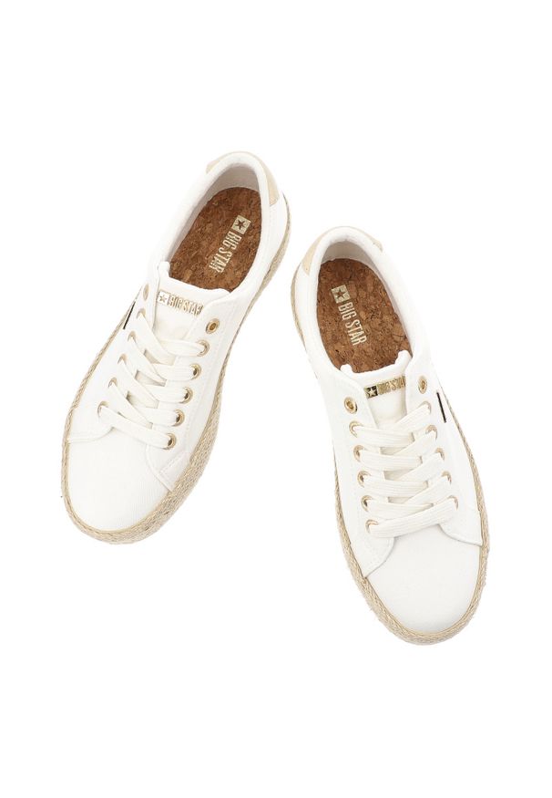 Big-Star - Trampki damskie Big Star, sznurowany fason platforma z plecionki jutowej złote detale lekka podeszwa modny letni styl, białe, TT274349. Okazja: na spacer, na co dzień. Zapięcie: sznurówki. Kolor: biały. Materiał: włókno, jeans. Szerokość cholewki: normalna. Sezon: lato. Obcas: na platformie. Styl: casual, elegancki, klasyczny, wakacyjny