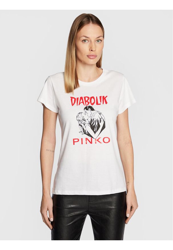 Pinko T-Shirt DIABOLIK Fabiana 1L1098 Y5SN Biały Regular Fit. Kolor: biały. Materiał: bawełna