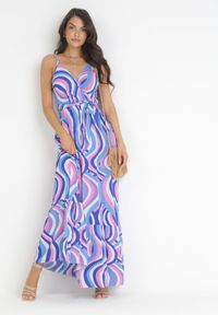 Born2be - Niebieska Wiskozowa Sukienka Maxi na Ramiączkach z Gumką i Paskiem w Talii Annanise. Kolor: niebieski. Materiał: wiskoza. Długość rękawa: na ramiączkach. Typ sukienki: kopertowe. Długość: maxi #4