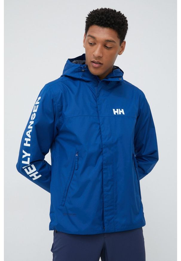 Helly Hansen - Kurtka przeciwdeszczowa. Okazja: na co dzień. Kolor: niebieski. Materiał: materiał. Wzór: nadruk. Styl: casual