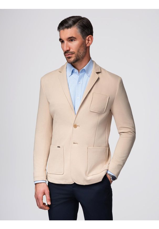 Ombre Clothing - Męska marynarka SLIM z dzianiny o subtelnej strukturze – beżowa V5 - Rozmiar: L. Okazja: do pracy. Kolor: beżowy. Materiał: dzianina. Wzór: kolorowy. Styl: klasyczny