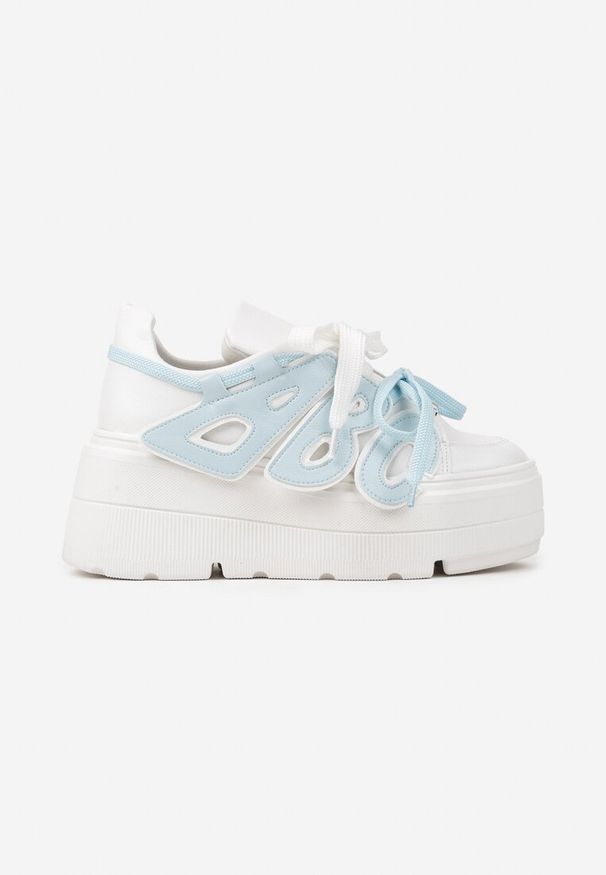 Born2be - Biało-Niebieskie Płaskie Sneakersy Vices z Podwójnym Sznurowaniem ze Zdobieniem 3D Nelarissa. Okazja: na co dzień. Zapięcie: sznurówki. Kolor: biały. Materiał: jeans, bawełna. Wzór: aplikacja. Obcas: na obcasie. Wysokość obcasa: niski