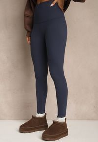 Renee - Granatowe Legginsy High Waist z Szeroką Gumką w Talii Aithala. Stan: podwyższony. Kolor: niebieski. Materiał: dzianina