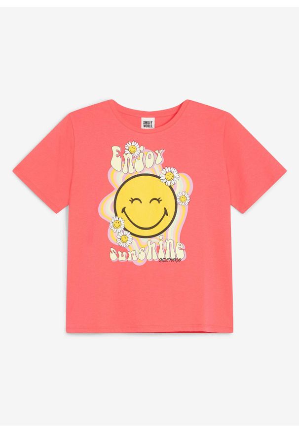 bonprix - T-shirt z czystej bawełny, ze Smiley. Okazja: na co dzień. Kolor: różowy. Materiał: bawełna. Długość rękawa: krótki rękaw. Długość: krótkie. Wzór: nadruk. Styl: casual