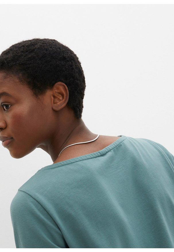 bonprix - T-shirt z dekoltem w łódkę. Kolor: zielony. Materiał: bawełna. Długość rękawa: krótki rękaw. Długość: krótkie. Wzór: gładki. Styl: sportowy