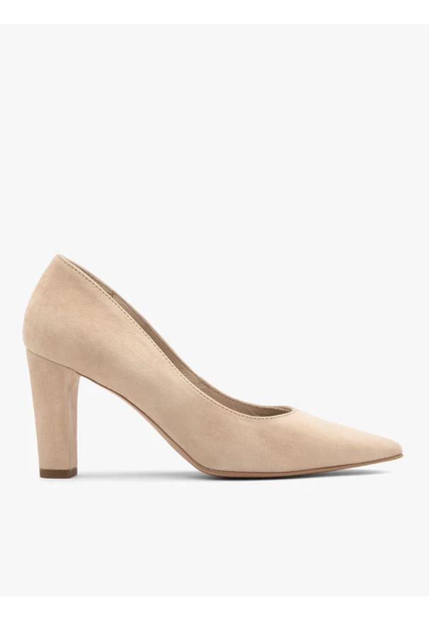 Ryłko - Welurowe czółenka na grubej szpilce. Kolor: beżowy. Materiał: skóra, welur. Obcas: na obcasie. Styl: street. Wysokość obcasa: średni