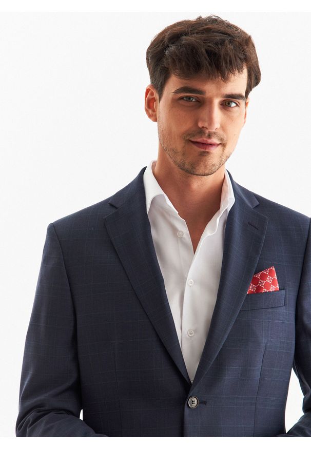 Pako Lorente - PAKO LORENTE – Granatowa marynarka garniturowa w kratę. Okazja: na wesele, na komunię, na urodziny, na ślub cywilny. Kolor: niebieski. Materiał: wełna