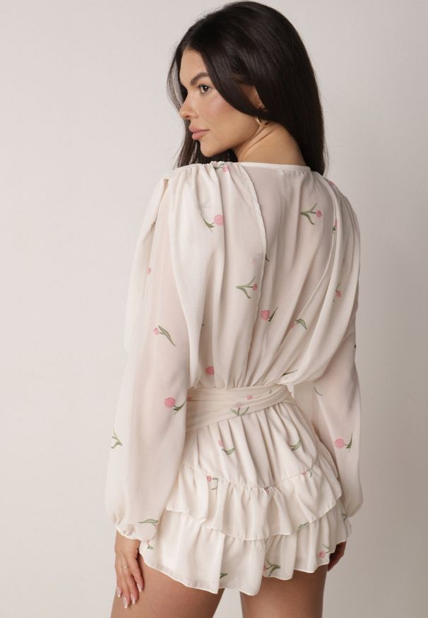 Born2be - Beżowy Szyfonowy Kombinezon z Falbanami i Wiązaniem w Pasie Rovenda. Okazja: na co dzień. Kolor: beżowy. Materiał: szyfon. Styl: elegancki, casual