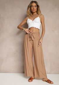Renee - Jasnobrązowe Spodnie z Wiskozy o Szerokim Kroju z Kokardą Ellioria. Okazja: na co dzień, na spacer. Kolor: brązowy. Materiał: wiskoza. Styl: casual, elegancki