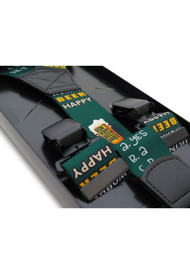 Modini - Ciemnozielone szelki męskie w piwny wzór - butelkowa zieleń SZ151. Kolor: zielony, wielokolorowy, żółty. Materiał: skóra, guma