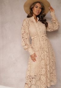 Renee - Beżowa Koronkowa Sukienka Midi z Ozdobnym Wiązaniem Camaela. Kolor: beżowy. Materiał: koronka. Długość rękawa: na ramiączkach. Długość: midi #4